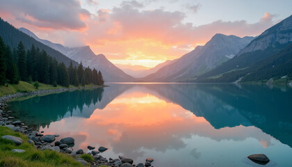 Serene mountain lake reflection at golden sunrise with misty peaks
