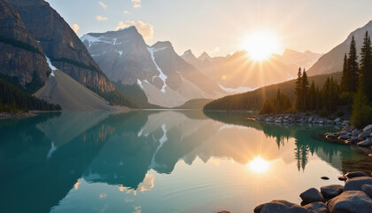 Serene mountain lake reflection at golden sunrise with misty peaks