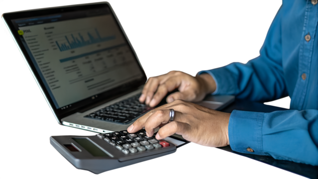 Close up businessman hand using calculator to budgeting and tax calculation monthly expenses. budget management and accounting on table. Business finance accounting banking concept.
