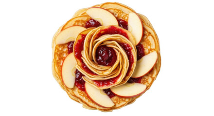 Fototapeta premium Delicious Pancake Rose with Apple Slices and Berry Jam for a Sweet Breakfast Treat, isolated on a transparent background
