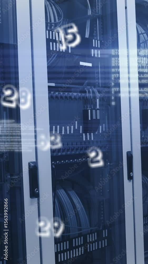 Poster animation of numbers changing over tech room with computer servers