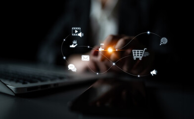 Omnichannel marketing journey showing interaction across media, email, messaging, mobile,...