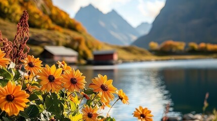 Autumn Bloom by Mountain Lake Orange Flowers,Cabins and Reflections, nature , flowers