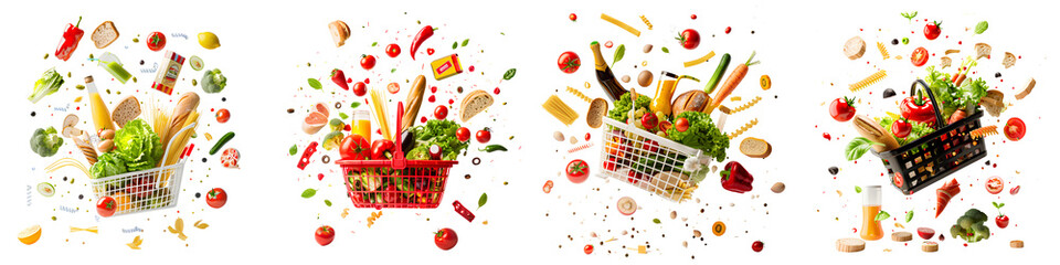 Set of flying grocery baskets filled with assorted food, vegetables, bread, and pasta ingredients isolated on transparent background

