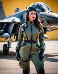 Confident female pilot posing in front of fighter jet on airfield