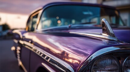 Fototapeta premium Background of vintage car at golden hour with reflective surface