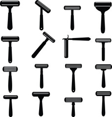 Vector illustration set of diverse safety razors for shaving and hair removal, personal grooming tools, classic and modern designs, hygiene concept on white background