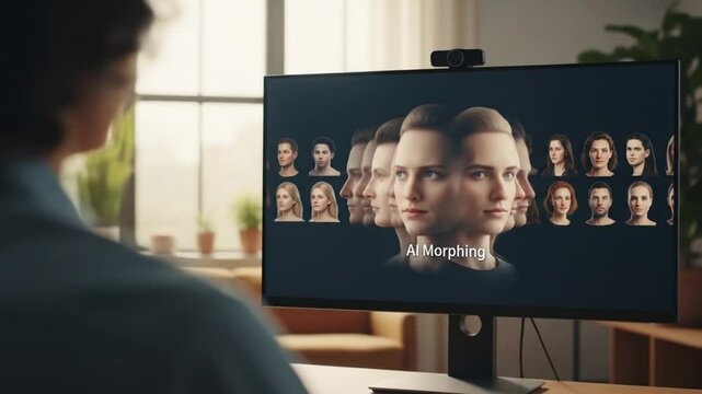 AI Morphing: Person watches faces morphing on a computer screen, showcasing artificial intelligence technology