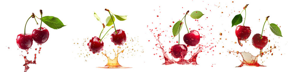 Set of fresh red cherries with juice splash effect and green leaves isolated on transparent background

