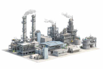 Industrial complex showcases a sprawling factory with smokestacks, conveying a sense of industry and manufacturing against a transparent background.