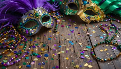 Brightly colored Mardi Gras masks, beads, and confetti scattered on a wooden table, purple, green, and gold theme,