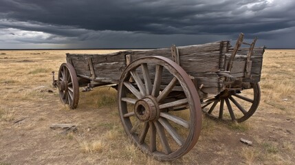Fototapeta premium An old wooden wagon sits abandoned in a vast open field under dark stormy clouds
