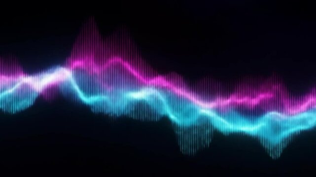 Abstract data visualization background with pink and blue waves, binary code.