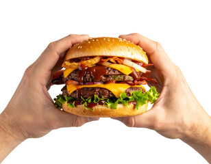 Hand Gripping a Stacked Gourmet Burger with Bacon and Onion Rings, Isolated PNG
