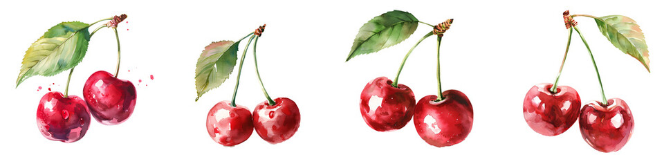 Set of watercolor style red cherries with green leaves isolated on transparent background

