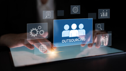 Fototapeta premium Outsourcing concept showing collaboration, delegation, global workforce, productivity, and task management through remote teams and external service providers Latch