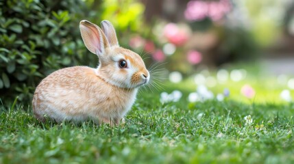 Fototapeta premium Cute Tan Bunny on Green Grass in Spring Garden , Bunnies , Animals