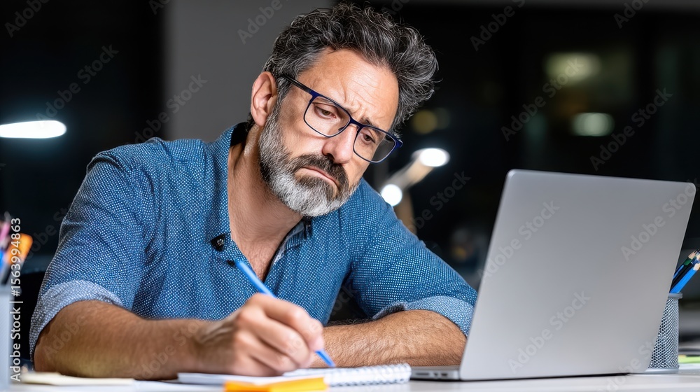 Aufkleber man working on a laptop with a focused expression in a modern office setting