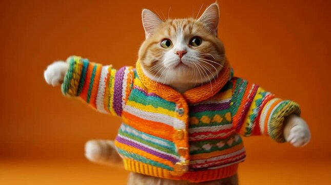 A charming ginger and white cat, wearing a vibrant, colorful knitted sweater, stands with its paws outstretched, giving the playful impression of dancing or posing. Against a cheerful orange backgroun