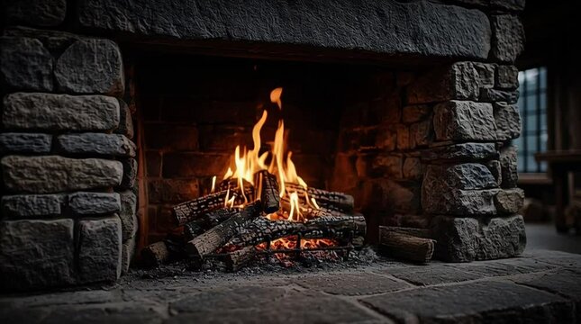 Realistic front-facing view of a stone fireplace with glowing fire inside, natural flames, warm ambient light, detailed stone texture, cozy rustic interior, centered composition, high-resolution photo