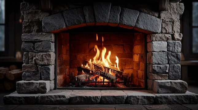 Realistic front-facing view of a stone fireplace with glowing fire inside, natural flames, warm ambient light, detailed stone texture, cozy rustic interior, centered composition, high-resolution photo