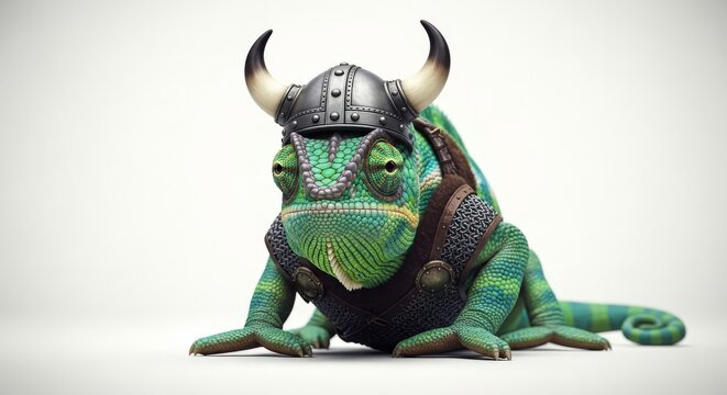 Adorable chameleon dressed as a Viking warrior, holding a weapon and shield, wearing a horned helmet and leather armor with fur trim, standing proudly on a white background
- Powered by Adobe