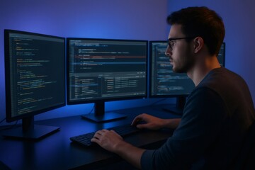 Focused computer programmer coding in a dark office, surrounded by multiple monitors, immersed in software development and technology