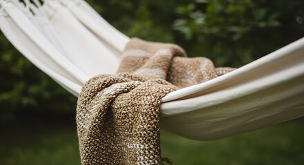A cotton hammock with a woven throw blanket draped over it