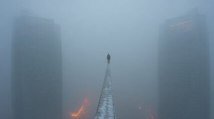 Foggy cityscape, lone figure