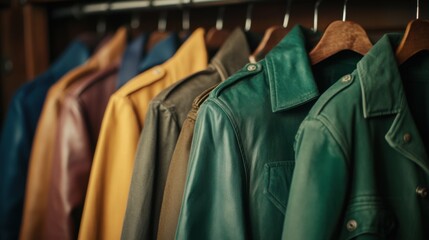 Obraz premium Leather Coats: A vibrant array of outerwear hangs neatly, colors ranging from blue to shades of green, displayed on wooden hangers in an organized fashion.