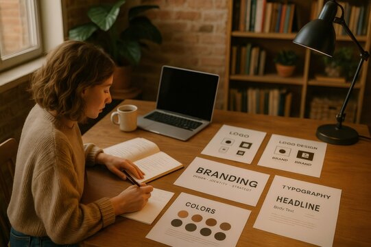 Young woman working on a new branding project using laptop, notebook and color swatches, developing logo and typography in her home office