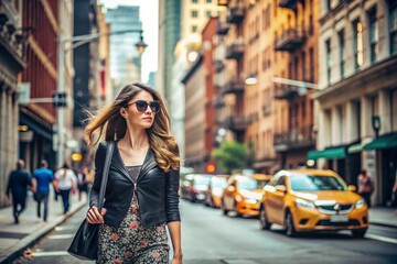 Obraz premium A woman wearing sunglasses and a black jacket walks down a city street