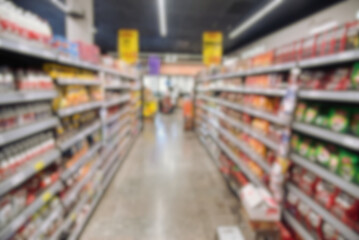 Blurred supermarket aisle with products on shelves. Empty and blurred supermarket aisle