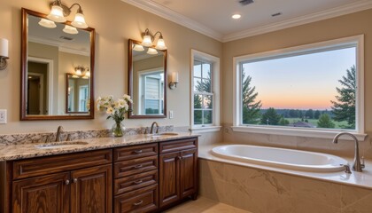 Elegant Bathroom Interior Featuring Luxurious Tub and Wooden Cabinets with Sunset View Through Windows