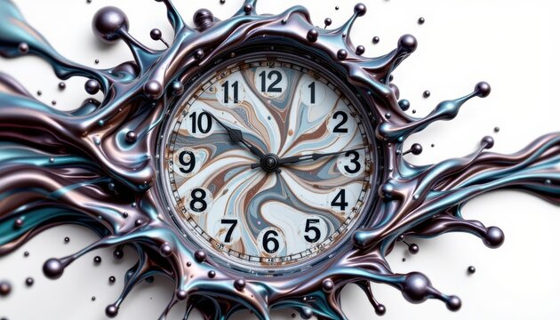 Abstract Clock Surrounded by Colorful Liquid Splash with Swirling Design Elements