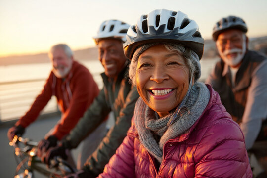 Group of smiling older cyclists, active seniors