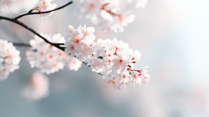 Cherry blossom branch in soft spring light. Japanese background with pastel tones and tranquil atmosphere