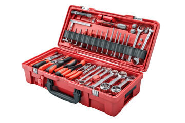 Red toolbox showcases assorted hand tools, a complete set for home repair, maintenance and professional handyman services ready to use.