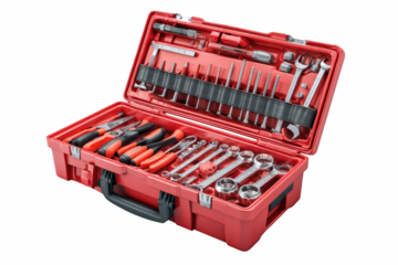 Red toolbox showcases assorted hand tools, a complete set for home repair, maintenance and professional handyman services ready to use.