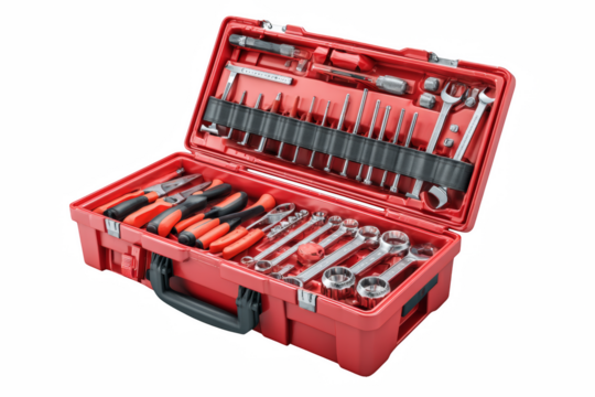 Red toolbox showcases assorted hand tools, a complete set for home repair, maintenance and professional handyman services ready to use.