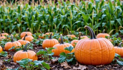 Vibrant Orange Pumpkins Growing in a Lush Green Corn Field Under Soft Autumn Light