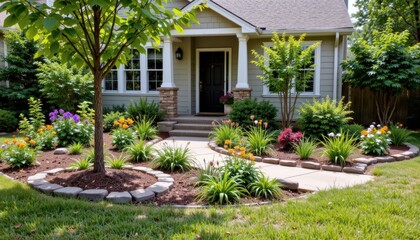 Charming Front Yard Garden with Colorful Flowers and Lush Greenery Surrounding a Welcoming Home