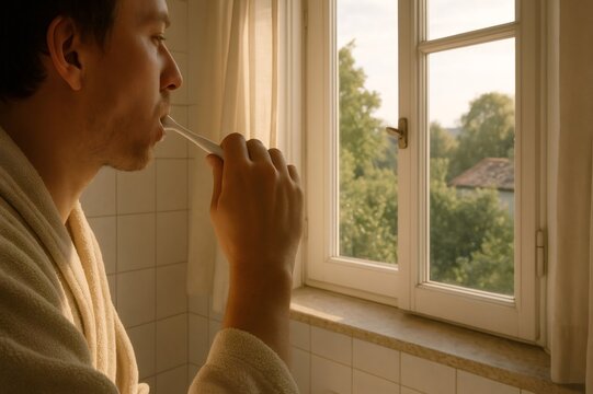 Young man wearing bathrobe brushing his teeth in the morning in a bathroom with the window open - Powered by Adobe