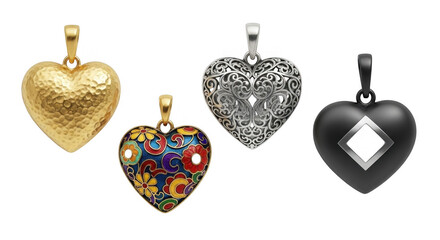 A Collection of Heart-shaped Pendants in Various Designs and Materials, isolated on a transparent background