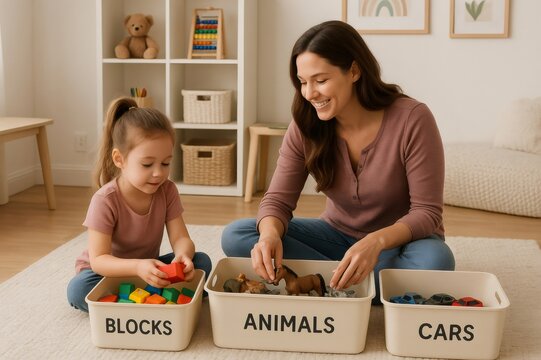 Mom and daughter smiling and putting away blocks, animal toys, and toy cars into labeled storage bins in an organized playroom