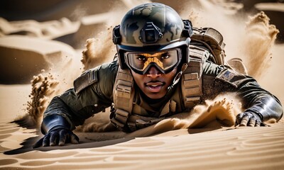 American soldier crawling in desert sand during military operation
