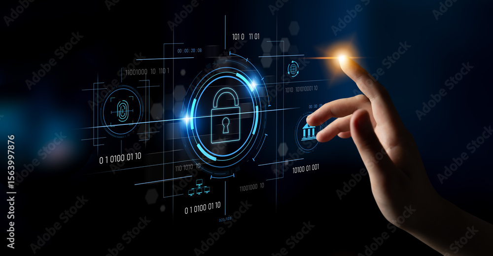 Poster cybersecurity system interface with biometric lock and data protection. cybersecurity protects acces