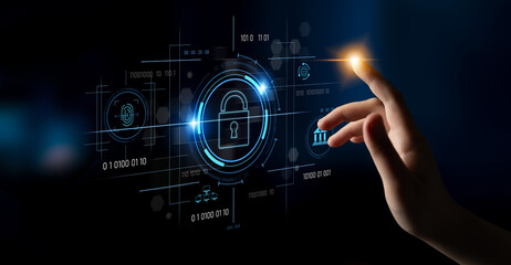 Cybersecurity system interface with biometric lock and data protection. Cybersecurity protects...