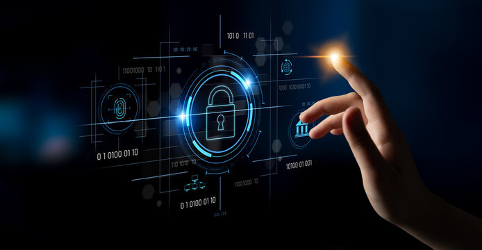 Cybersecurity system interface with biometric lock and data protection. Cybersecurity protects access, identity, cyber security prevents threats, and cyber security supports digital systems. Latch