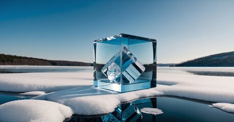 Glass cube protecting ice cube melting on frozen lake in winter